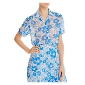 Mochi Womens Blue Floral Short Sleeve Collared Top Size: S